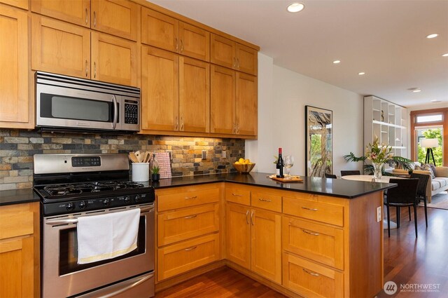 kitchen with dark countertops, appliances with stainless steel finishes, dark wood finished floors, a peninsula, and decorative backsplash