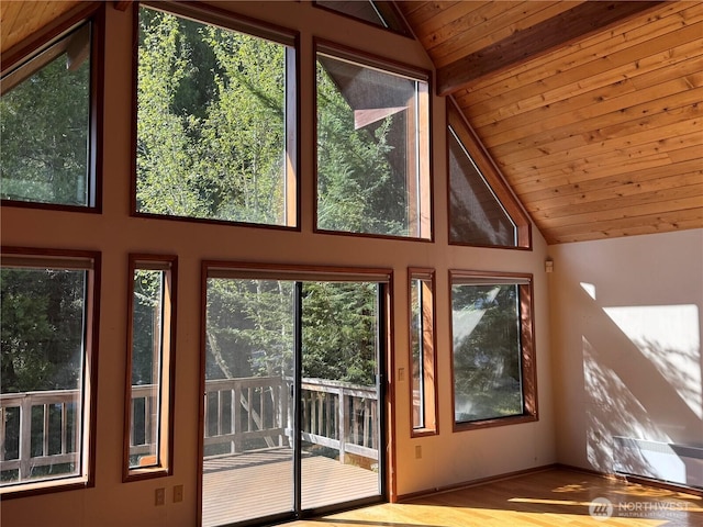 1052 Vusario Ln, Orcas Island, WA 98245 - doorway to outside with wood ceiling, wood finished floors, beamed ceiling, and high vaulted ceiling