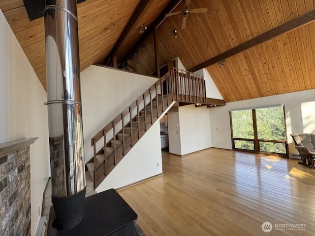 1052 Vusario Ln, Orcas Island, WA 98245 - unfurnished living room with wood ceiling, wood finished floors, beam ceiling, and high vaulted ceiling