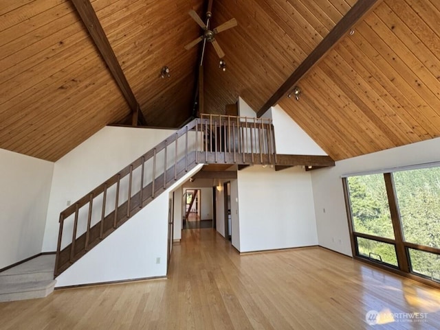 1052 Vusario Ln, Orcas Island, WA 98245 - unfurnished living room featuring wood finished floors, wooden ceiling, ceiling fan, beamed ceiling, and baseboards