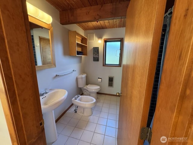 1052 Vusario Ln, Orcas Island, WA 98245 - bathroom with toilet, visible vents, wood ceiling, tile patterned flooring, and beamed ceiling