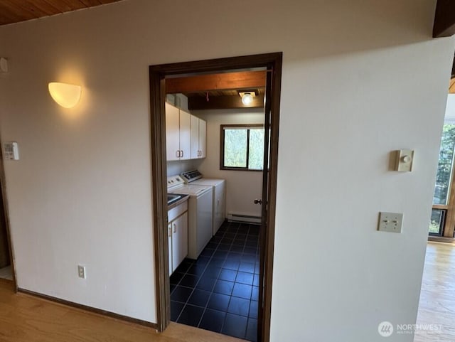 1052 Vusario Ln, Orcas Island, WA 98245 - laundry room with cabinet space, washer and clothes dryer, plenty of natural light, and a baseboard heating unit