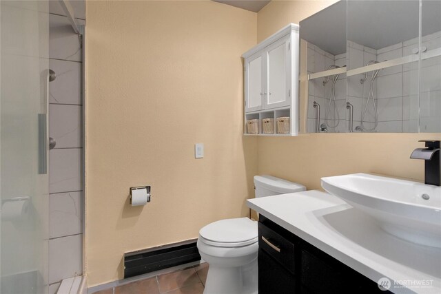 bathroom with toilet, tile patterned floors, a shower stall, and vanity