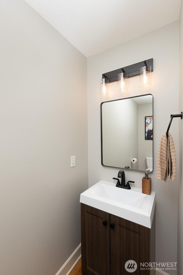 bathroom featuring baseboards, wood finished floors, and vanity
