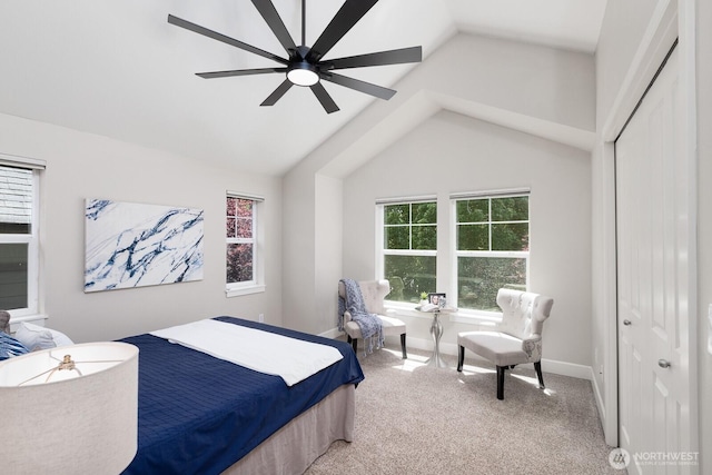 2608 SW Myrtle St, Seattle, WA 98106 - carpeted bedroom with lofted ceiling, baseboards, a closet, and ceiling fan