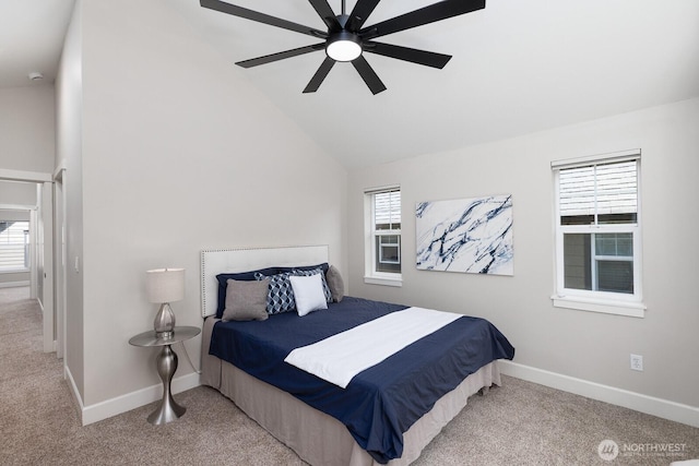 2608 SW Myrtle St, Seattle, WA 98106 - bedroom featuring carpet floors, baseboards, multiple windows, high vaulted ceiling, and ceiling fan