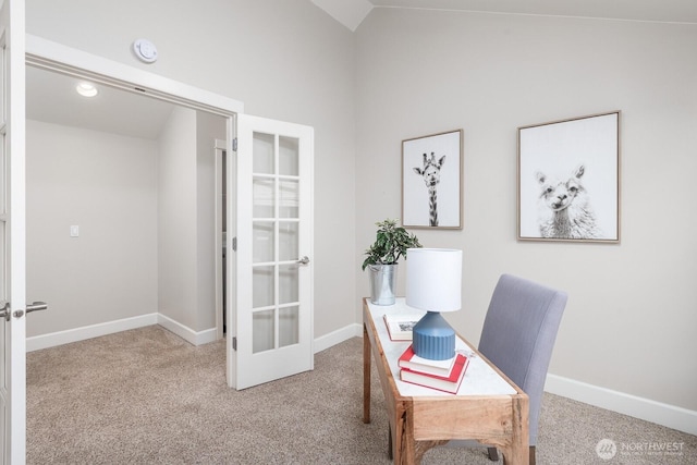 2608 SW Myrtle St, Seattle, WA 98106 - home office featuring carpet, french doors, baseboards, and high vaulted ceiling