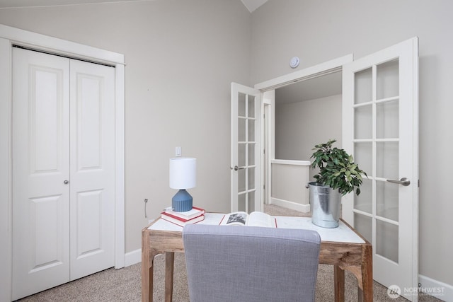 2608 SW Myrtle St, Seattle, WA 98106 - office space featuring light carpet, french doors, baseboards, and vaulted ceiling