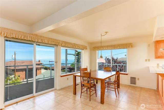dining room with light flooring, baseboards, and a water view