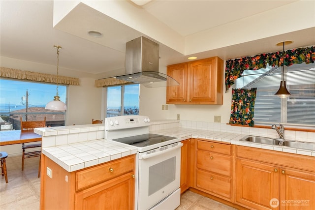 kitchen featuring white electric range oven, island range hood, a sink, a peninsula, and light flooring