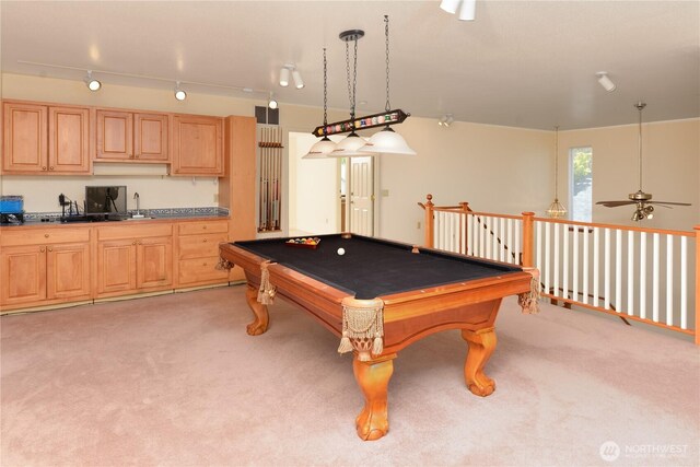 game room with light carpet, a ceiling fan, and pool table