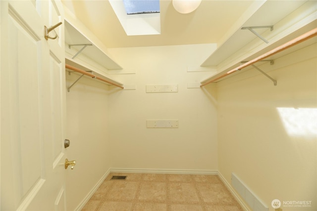 spacious closet with a skylight and light floors