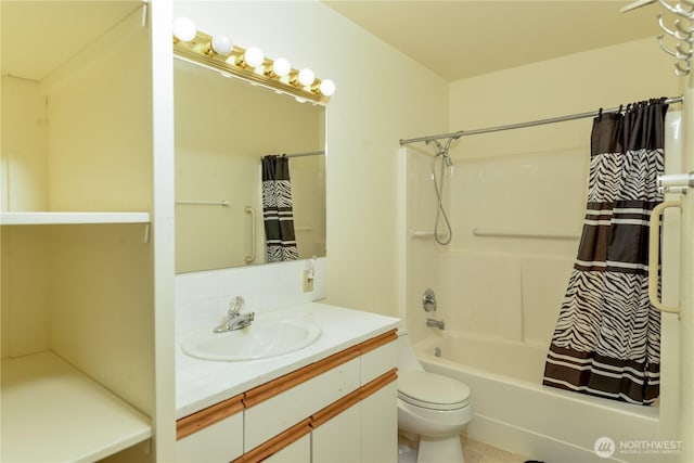 bathroom with toilet, vanity, and shower / bath combination with curtain