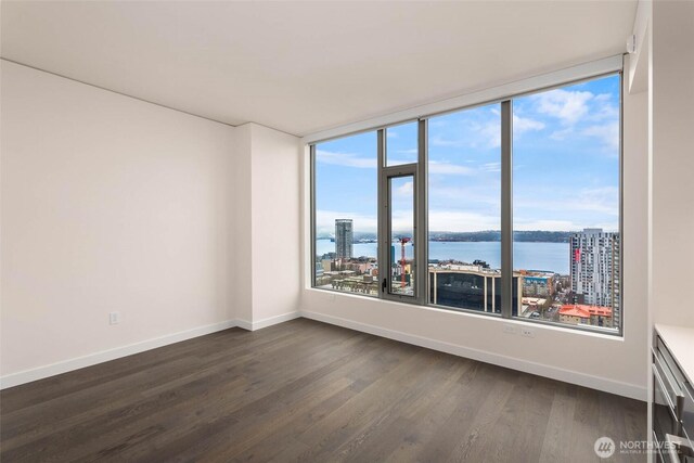 spare room with a water view, baseboards, dark wood-style floors, and a view of city