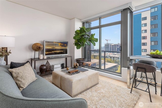 living room with floor to ceiling windows and wood finished floors
