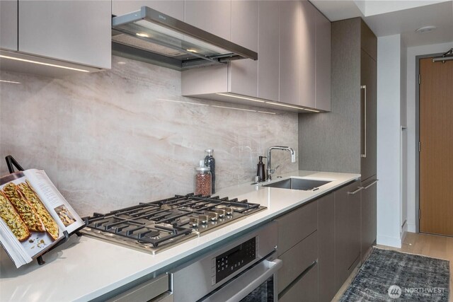 kitchen with a sink, ventilation hood, gray cabinetry, and stainless steel appliances