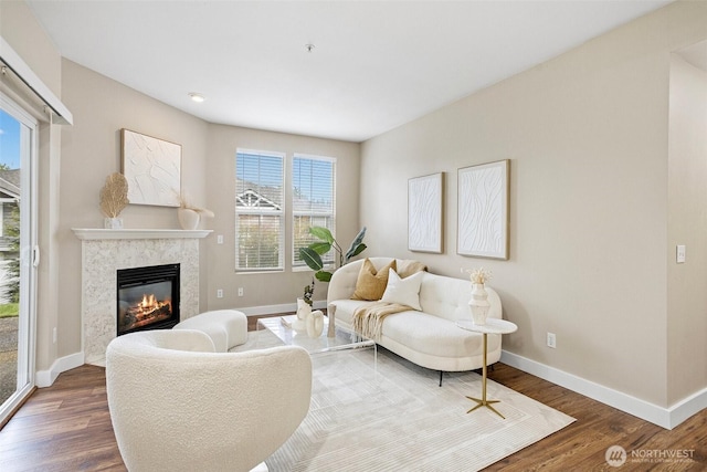 living room with a premium fireplace, baseboards, and wood finished floors