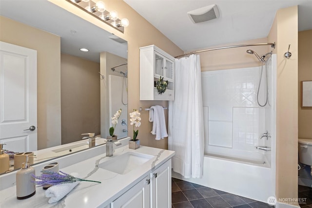 full bath with visible vents, tile patterned flooring, vanity, toilet, and shower / bathtub combination with curtain