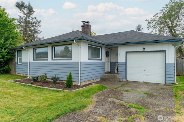 ranch-style home featuring a front lawn, fence, a chimney, a shingled roof, and an attached garage