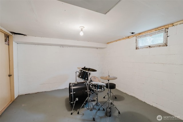 below grade area with concrete block wall