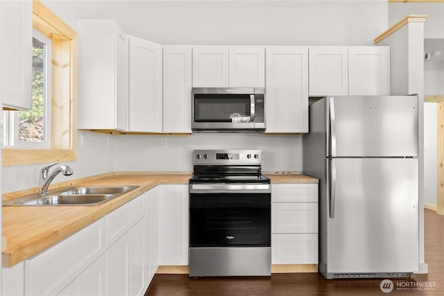 428 Castle Ave, Winthrop, WA 98862 - kitchen featuring appliances with stainless steel finishes, white cabinets, and dark wood-type flooring