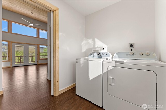 washroom featuring washer and dryer, baseboards, ceiling fan, dark wood-style floors, and french doors