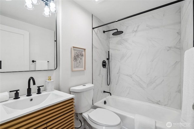 bathroom with vanity,  shower combination, and toilet
