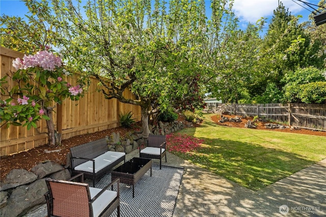 view of patio featuring a fenced backyard and an outdoor hangout area