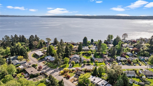 bird's eye view featuring a water view and a residential view