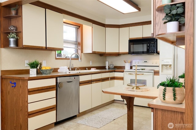 12223 4th Ave NW, Seattle, WA 98177 - kitchen with stainless steel dishwasher, open shelves, black microwave, white electric range oven, and a sink