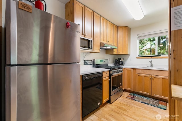 7502 Glacier Spgs, Deming, WA 98244 - kitchen featuring stainless steel appliances, under cabinet range hood, light wood-style floors, and light countertops
