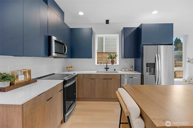 kitchen with a sink, modern cabinets, light wood-style floors, and stainless steel appliances
