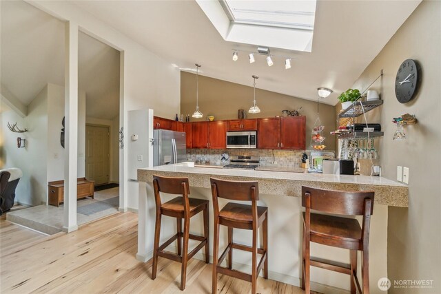 kitchen featuring a peninsula, light wood-type flooring, tasteful backsplash, a skylight, and stainless steel appliances