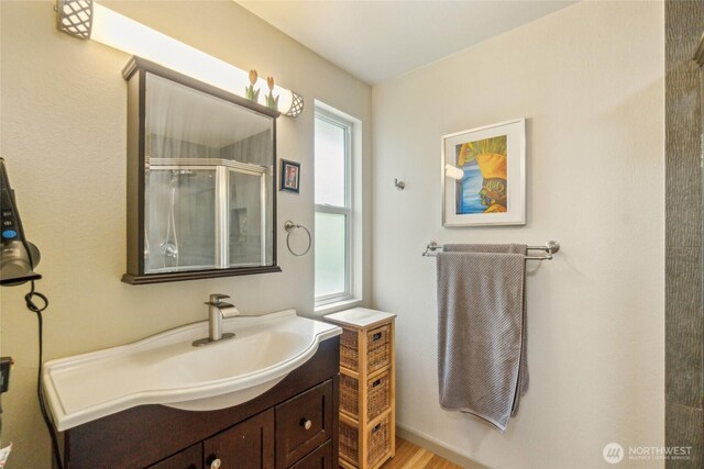 full bath featuring vanity, a wealth of natural light, and a stall shower