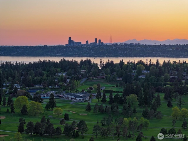 aerial view at dusk with a water view