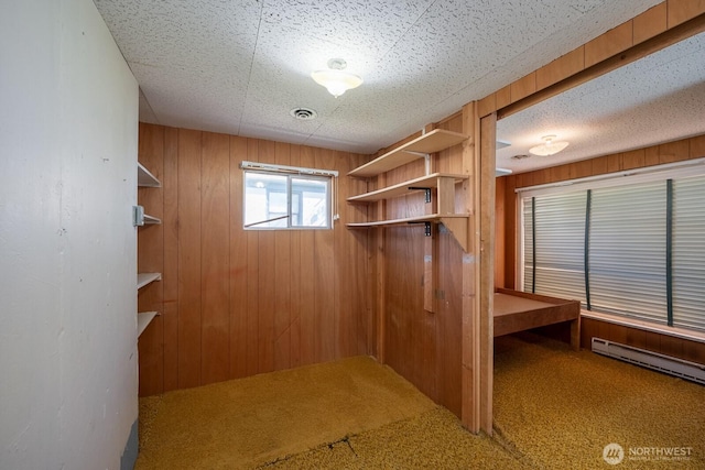 mudroom with visible vents, wood walls, and carpet