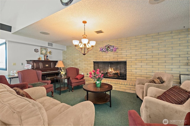 1402 22nd St NE Unit 65, Auburn, WA 98002 - carpeted living area featuring a textured ceiling, a chandelier, brick wall, and a fireplace