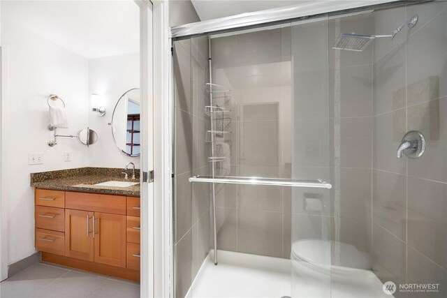 full bath featuring a stall shower, tile patterned flooring, and vanity