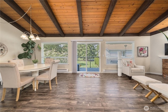 dining space with a wealth of natural light, lofted ceiling with beams, and a chandelier