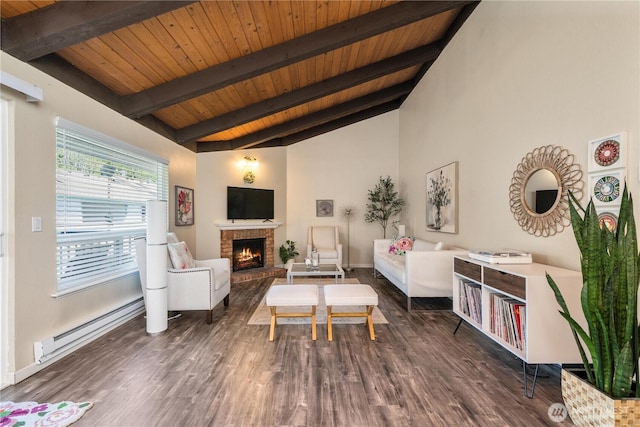 living area featuring wooden ceiling, vaulted ceiling with beams, dark wood-type flooring, and a fireplace