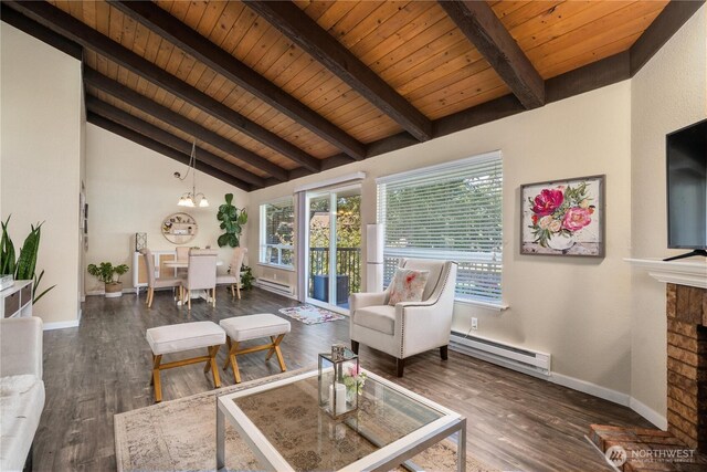 living area with wood ceiling, vaulted ceiling with beams, and baseboard heating