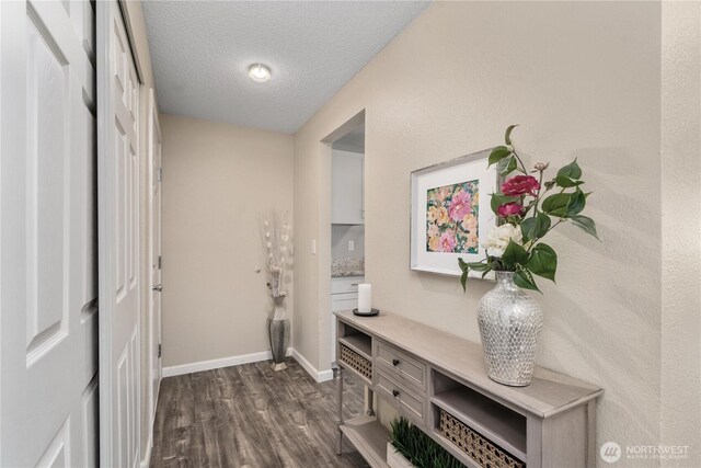 doorway to outside featuring a textured ceiling, baseboards, and dark wood-type flooring