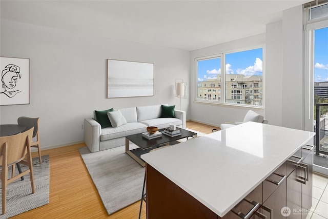 living room with baseboards, light wood-style flooring, and a wealth of natural light