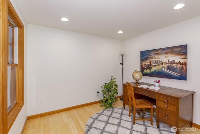 office area with baseboards, recessed lighting, and wood finished floors