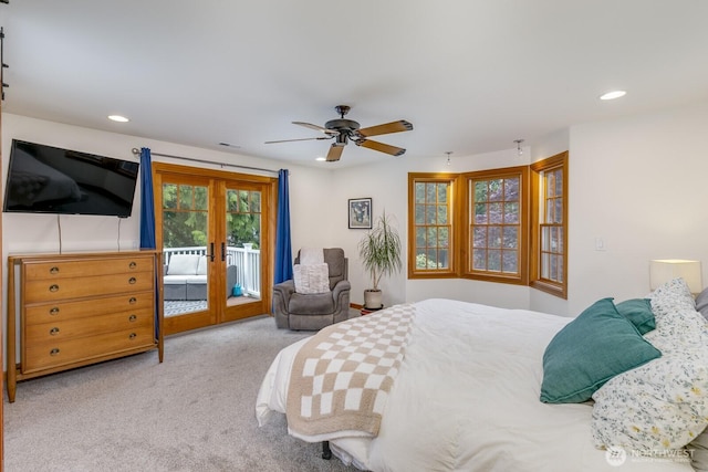 bedroom with access to exterior, ceiling fan, recessed lighting, french doors, and carpet