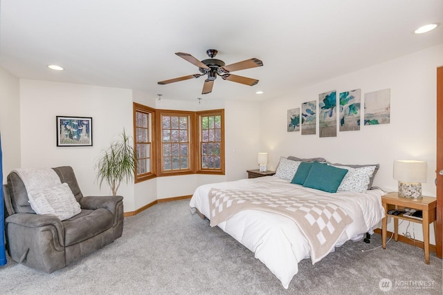 bedroom with baseboards, carpet flooring, a ceiling fan, and recessed lighting
