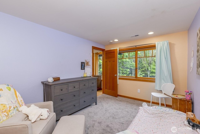 bedroom with recessed lighting, baseboards, visible vents, and carpet