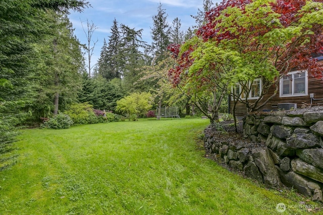 view of yard featuring a trampoline and cooling unit