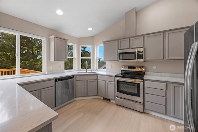 kitchen with gray cabinetry, appliances with stainless steel finishes, a healthy amount of sunlight, and a sink