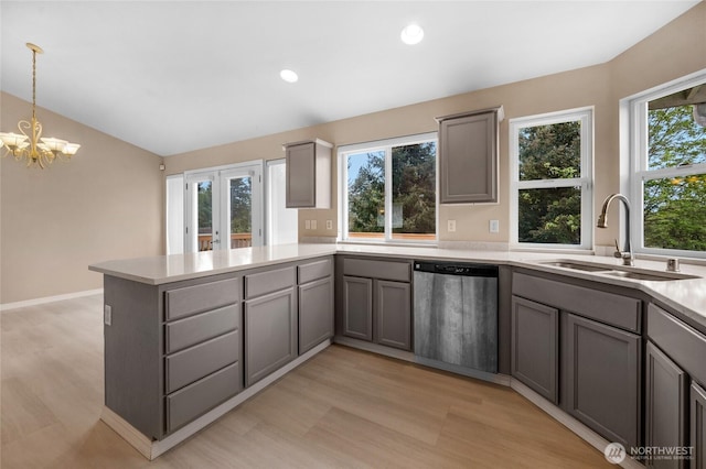 kitchen with stainless steel dishwasher, a peninsula, lofted ceiling, gray cabinets, and a sink